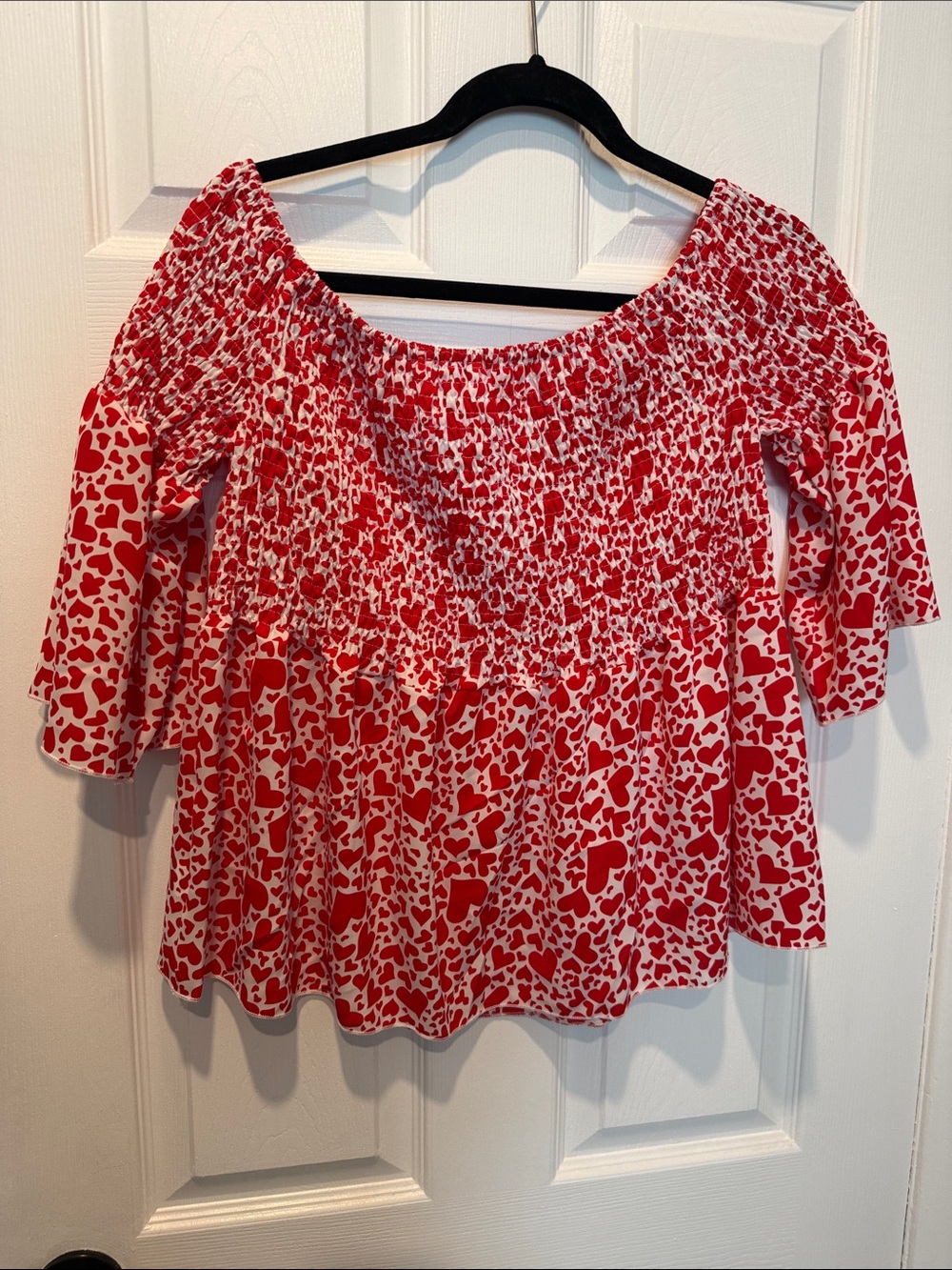 SHEIN Red and White Heart-Print Off-Shoulder Smocked Peplum Top